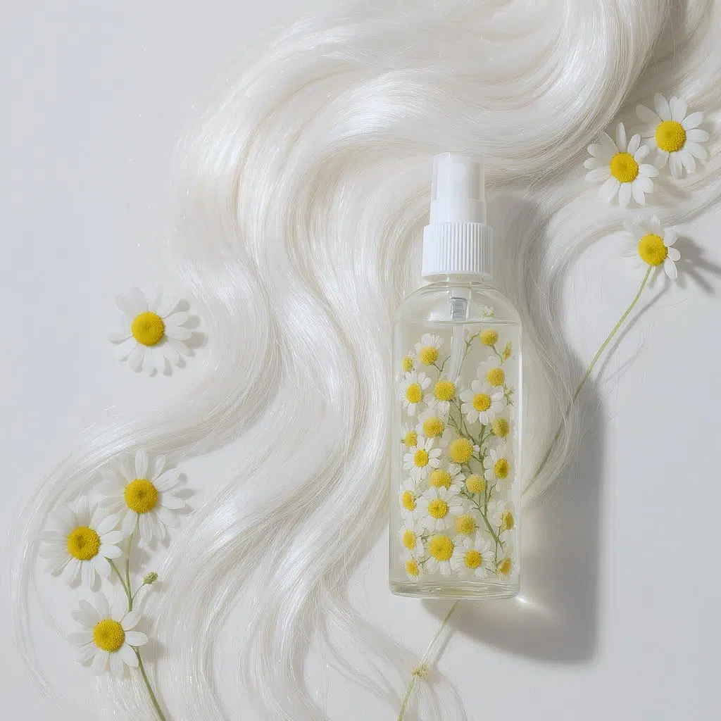 Spray capillaire à la camomille posé près de cheveux blancs brillants, ambiance botanique et lumière douce