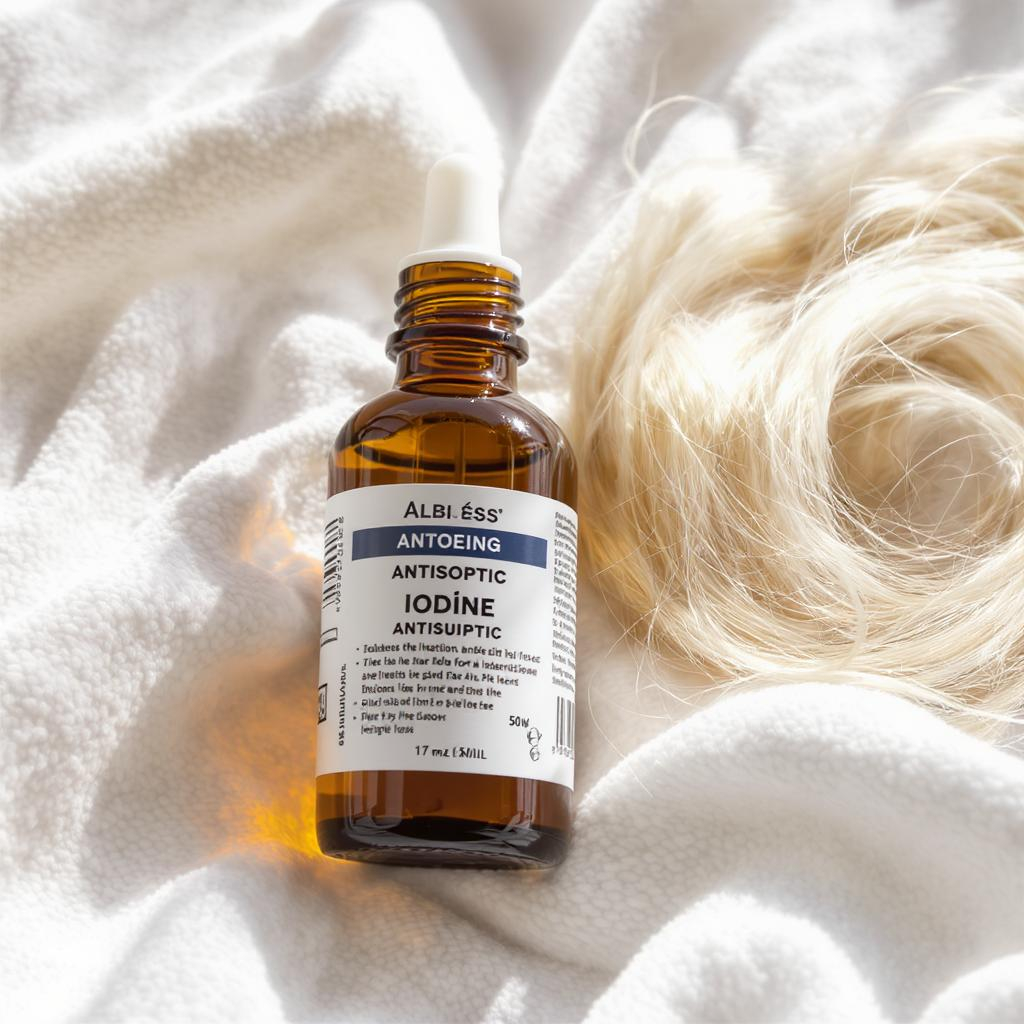 Flacon de Bétadine ouvert posé sur une serviette blanche à côté d’une mèche de cheveux blancs, lumière naturelle douce