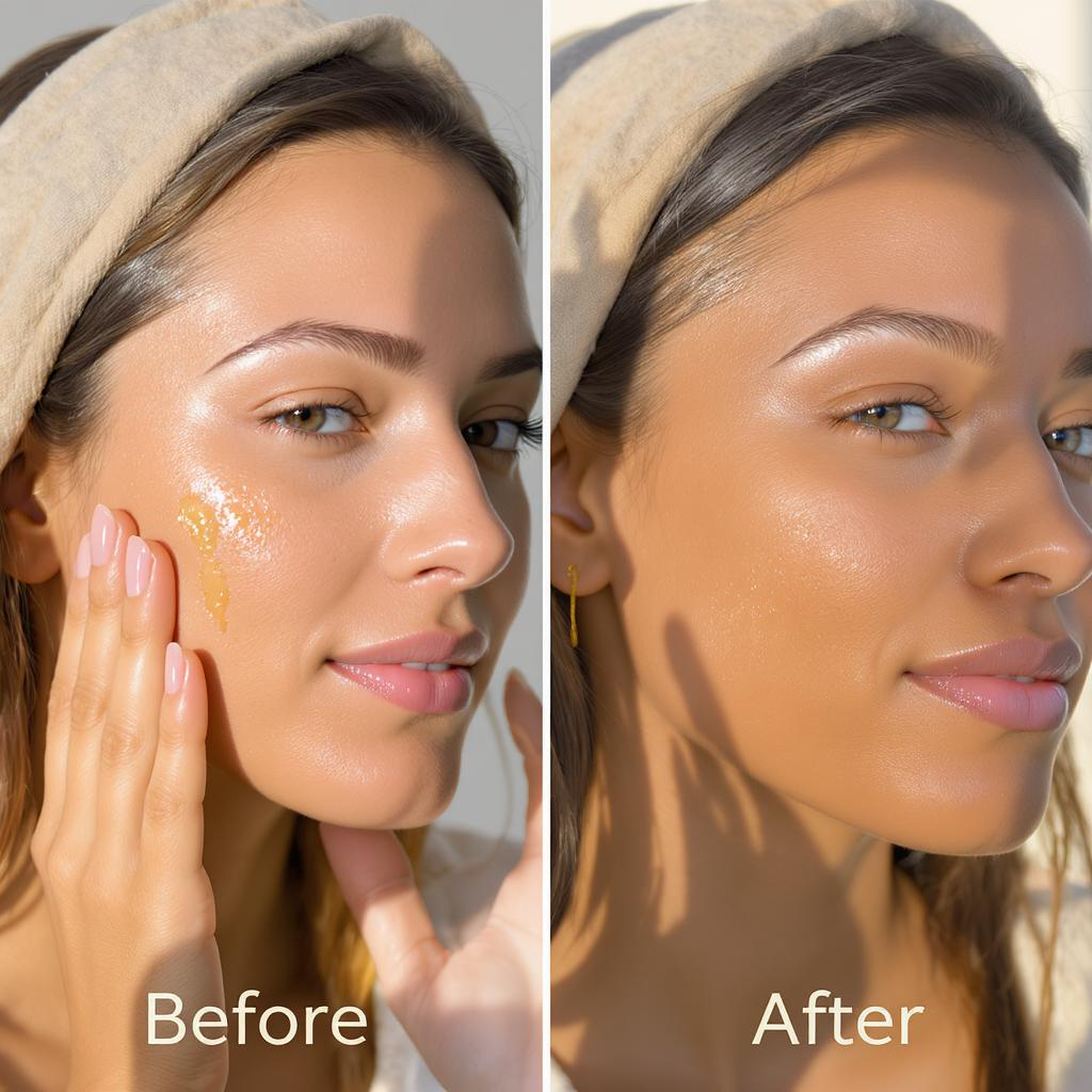 Avant-après application huile d’argan visage montrant un effet glow et teint légèrement réchauffé