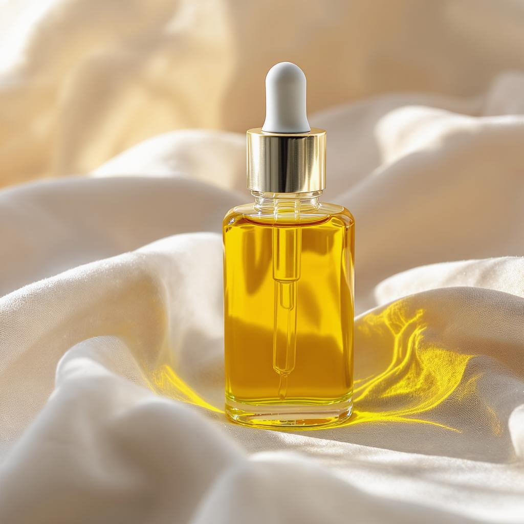Flacon d’huile d’argan pure sur tissu beige, ambiance minimaliste et lumière douce