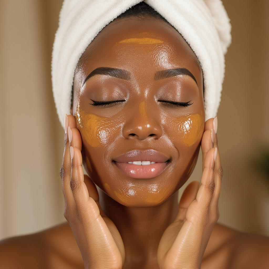 Femme noire massant de l’huile d’argan sur son visage, ambiance apaisante, peau lumineuse