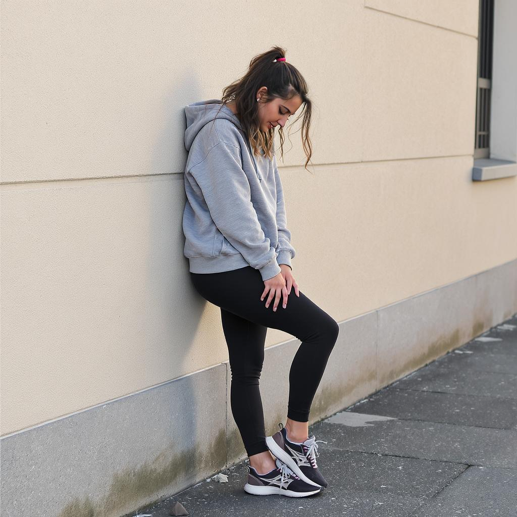 Femme en tenue décontractée ressentant une sensation de jambes lourdes en fin de journée après une station debout prolongée