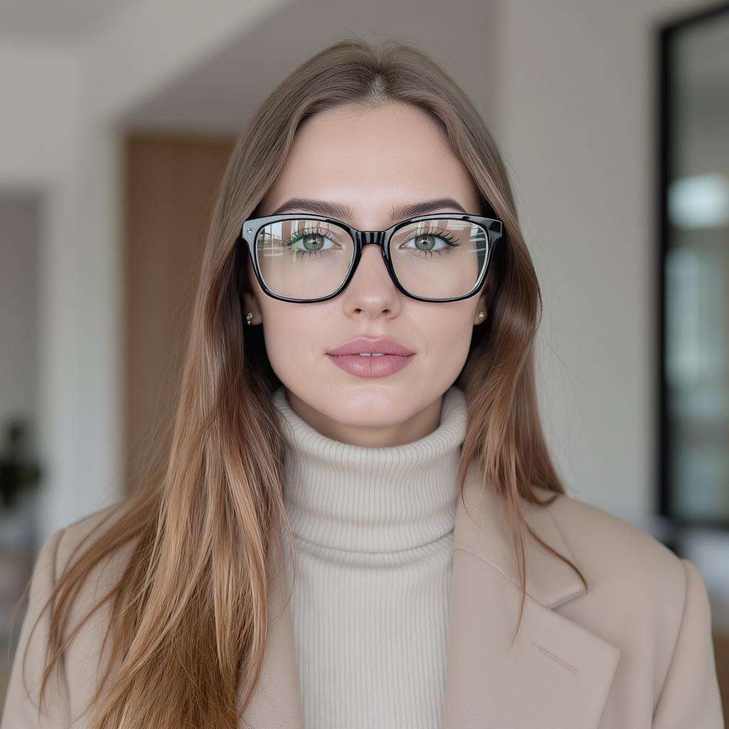 Femme au visage allongé avec de grandes lunettes rondes oversize et un look épuré contemporain