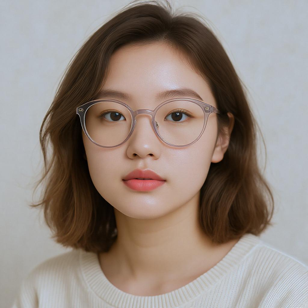 Jeune femme au visage rond avec des lunettes rondes pantos translucides et un look doux et naturel