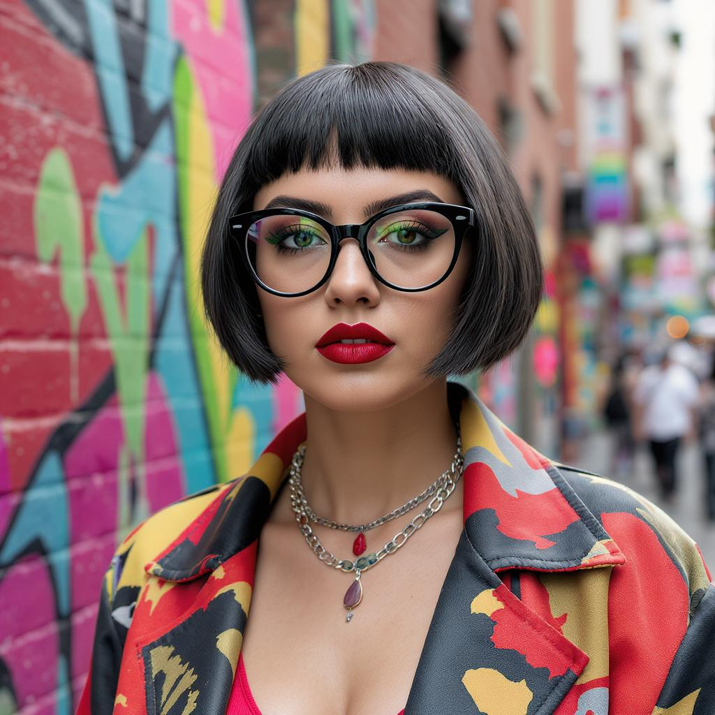 Femme au visage carré et coupe courte, portant de grosses lunettes rondes noires avec un rouge à lèvres vif dans un décor urbain coloré