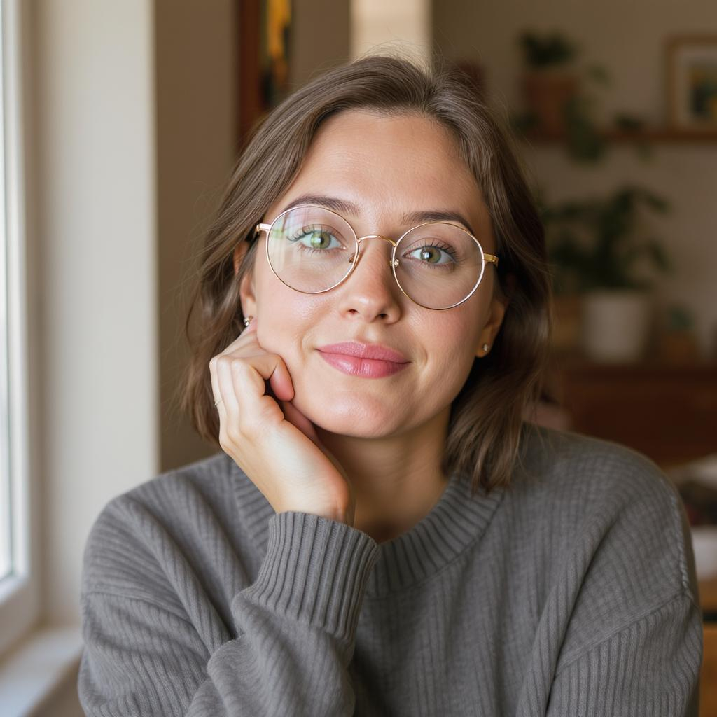 Femme française au visage ovale avec des lunettes rondes dorées fines et un pull en laine douce dans un intérieur cosy
