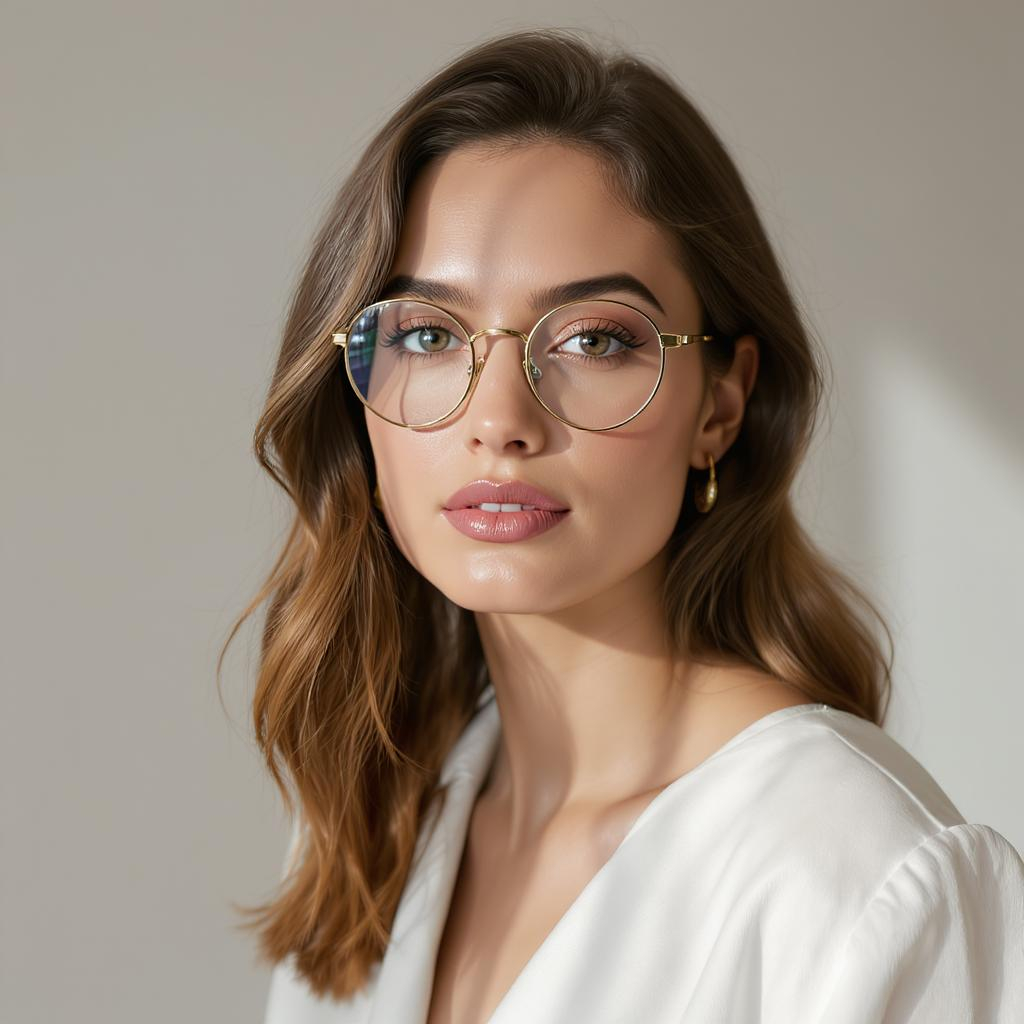 Portrait d'une femme au visage ovale portant des lunettes rondes dorées dans un style rétro élégant sous une lumière naturelle douce