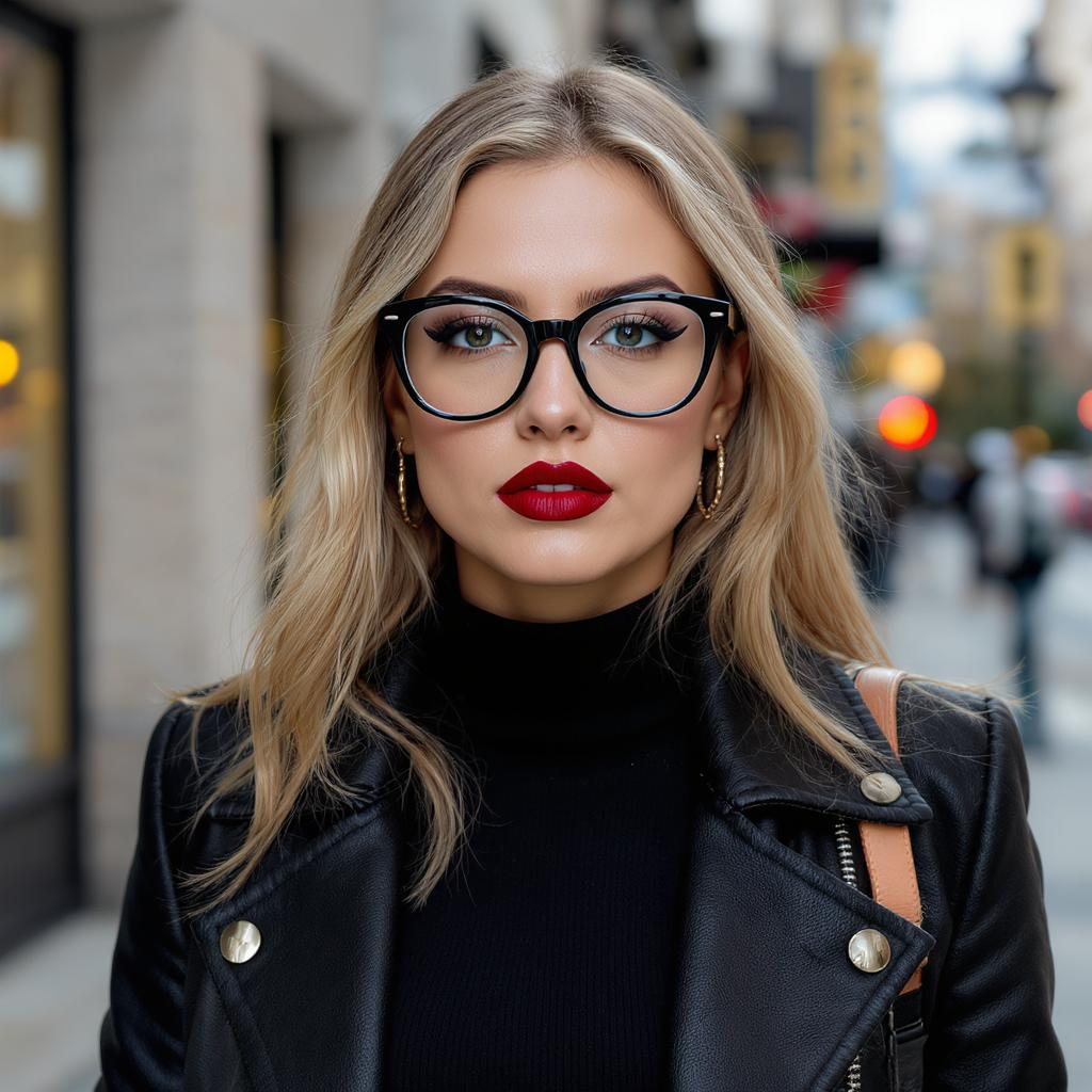 Femme au visage carré portant de grosses lunettes rondes noires avec un rouge à lèvres intense et un style assumé