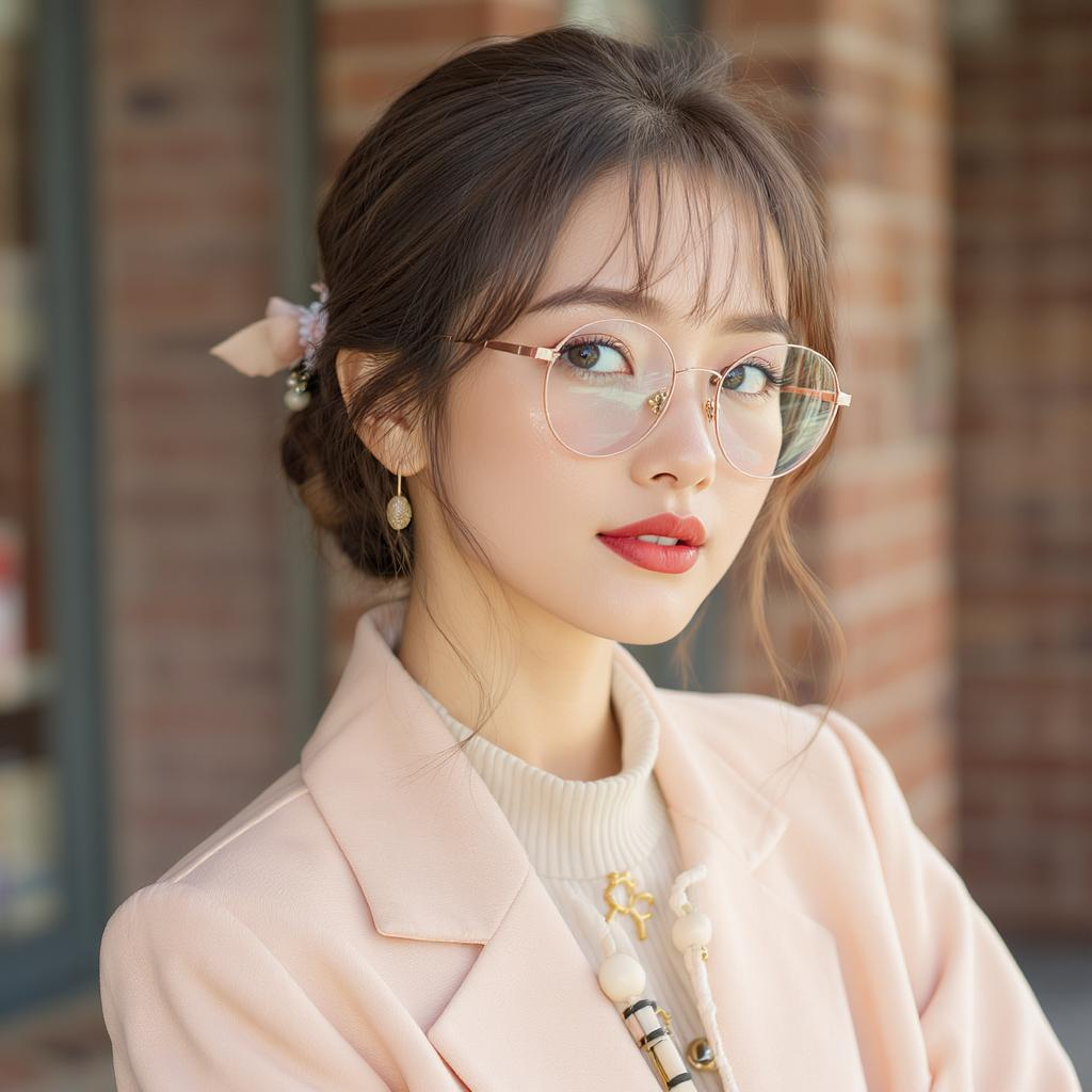 Femme au visage en cœur portant des lunettes rondes rosées, coiffée d’un chignon bas flou et vêtue de tons doux