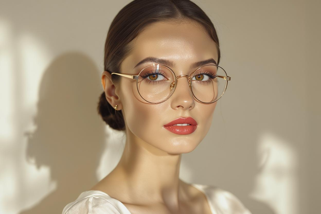 Femme au visage ovale portant des lunettes rondes fines avec un style naturel et harmonieux qui met en valeur sa morphologie équilibrée