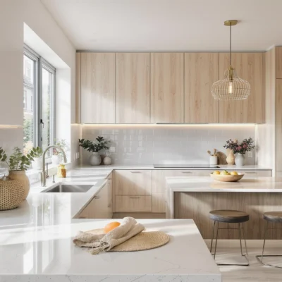 Cuisine lumineuse et propre avec plan de travail étincelant et ambiance minimaliste chaleureuse