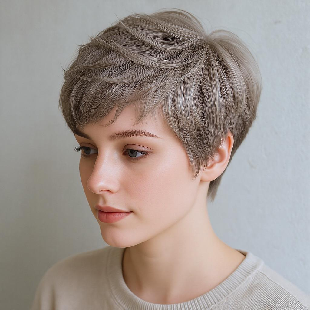 Cheveux courts femme avec balayage blond cendré flouté, apportant de la lumière naturelle sans démarcation sur coupe pixie.