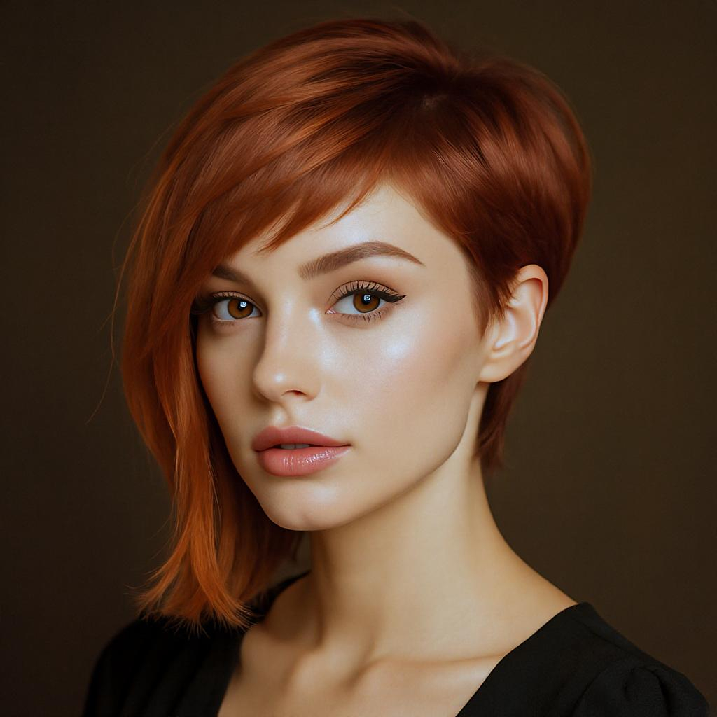 Pixie longue effilée sublimée par un balayage cuivré progressif, apportant lumière et mouvement aux cheveux courts.