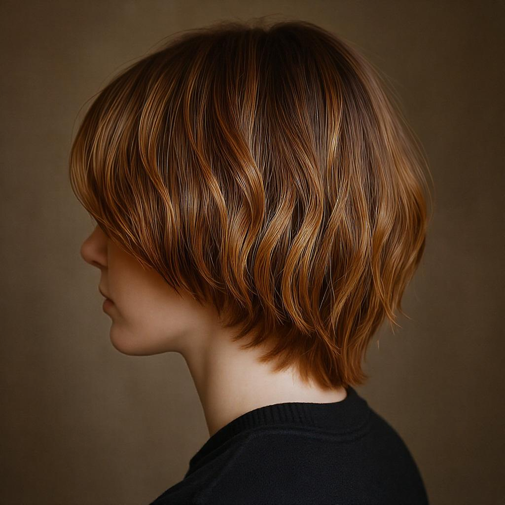 Carré plongeant lissé rehaussé d’un balayage miel doux, idéal pour donner de la chaleur aux cheveux courts sans alourdir.
