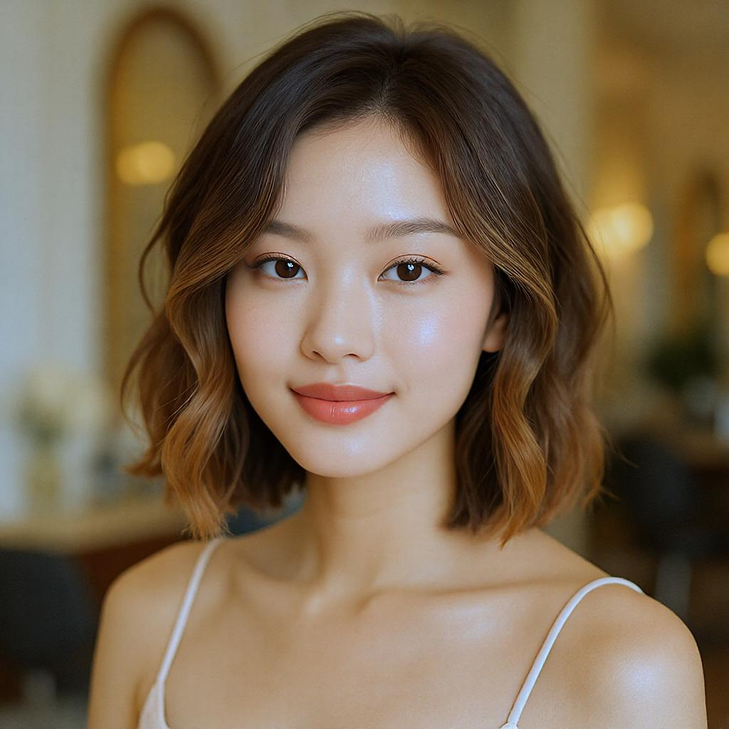 Carré court wavy avec balayage caramel diffus pour illuminer des cheveux châtain moyen sans effet marqué ni repousse visible.