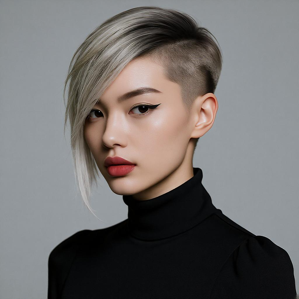 Coupe courte undercut très structurée avec mèches platine sur base foncée, idéale pour styliser des cheveux courts.
