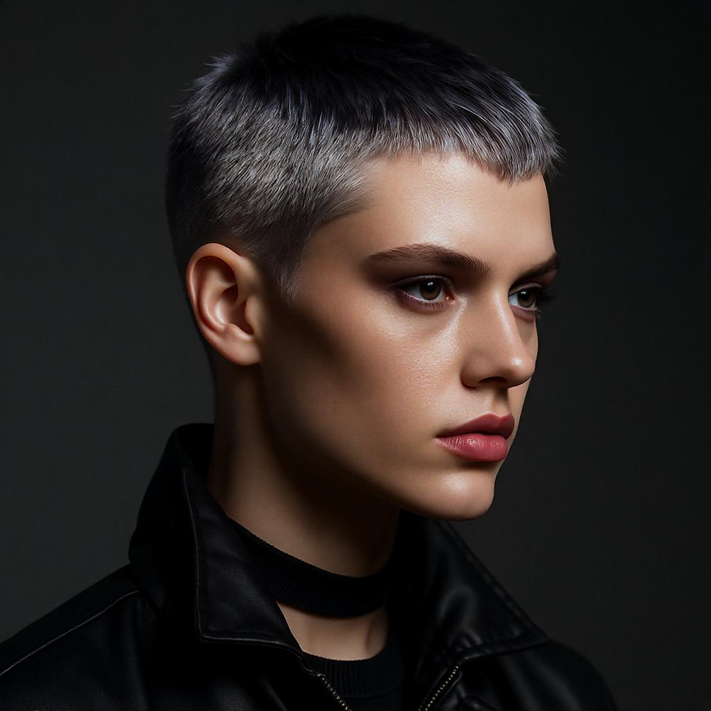 Coupe garçonne ultra courte avec mèches platine marquées sur base foncée, créant un effet graphique fort sur cheveux courts.