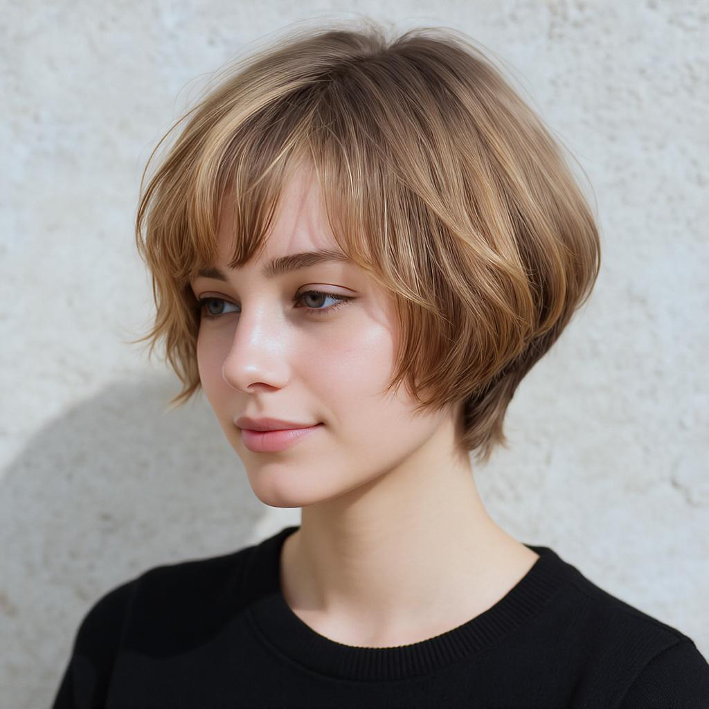 Coupe boule souple avec balayage doré léger sur cheveux courts clairs, adoucissant les volumes et illuminant le visage.