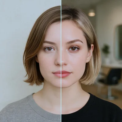 Comparaison avant-après d’une coupe courte châtain, sans et avec balayage lumineux caramel pour cheveux courts.