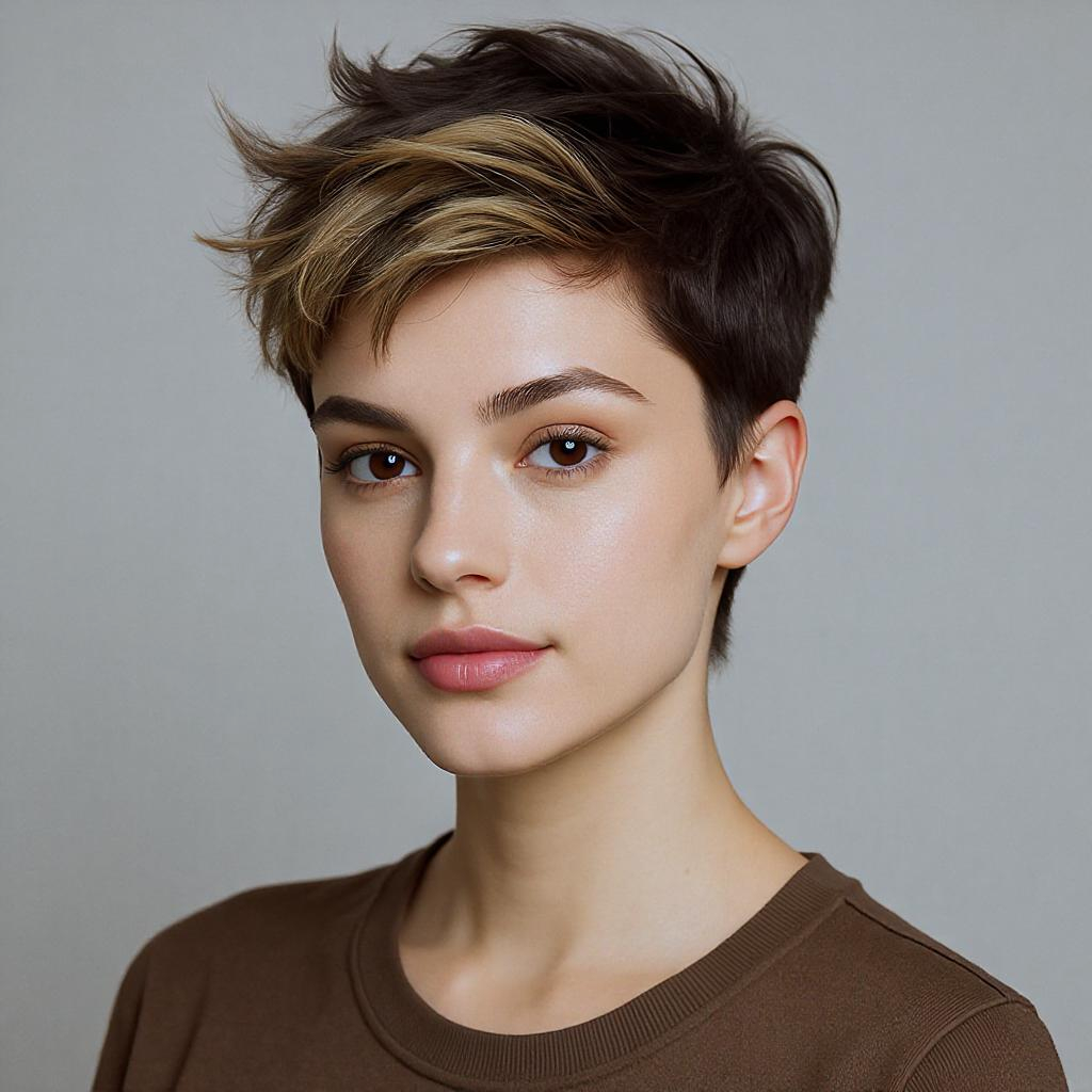 Coupe pixie sur base brune sublimée par des mèches blondes épaisses, ajoutant du contraste aux cheveux courts modernes.