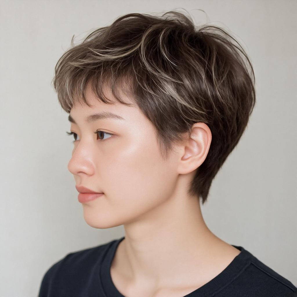 Coupe courte effilée illuminée par de très fines mèches blondes naturelles, apportant du peps aux cheveux sans les fragiliser.
