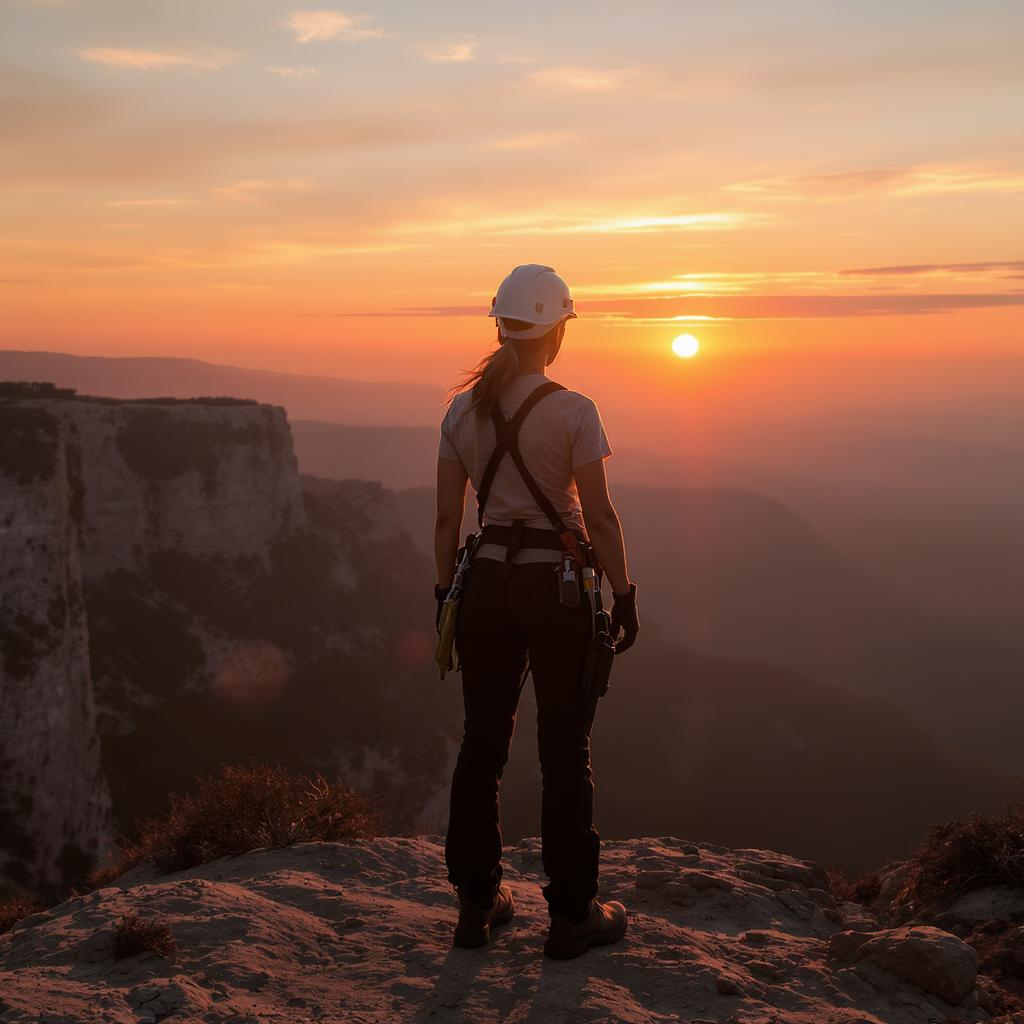 Femme en tenue professionnelle debout face à l’horizon au coucher du soleil, casque de chantier vissé sur la tête