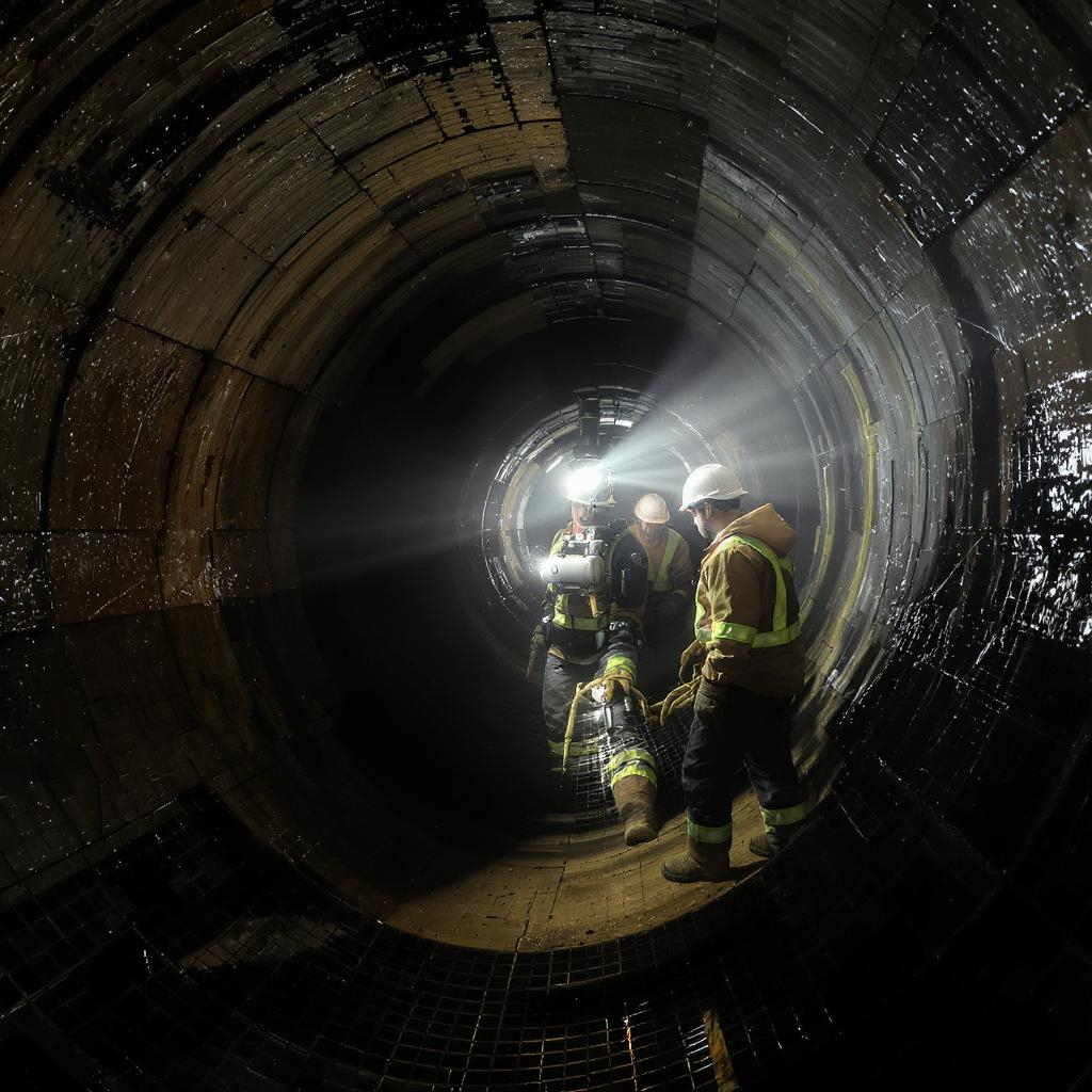 Égoutier équipé d’un casque et d’une lampe frontale intervenant dans un tunnel d’assainissement en pleine inspection