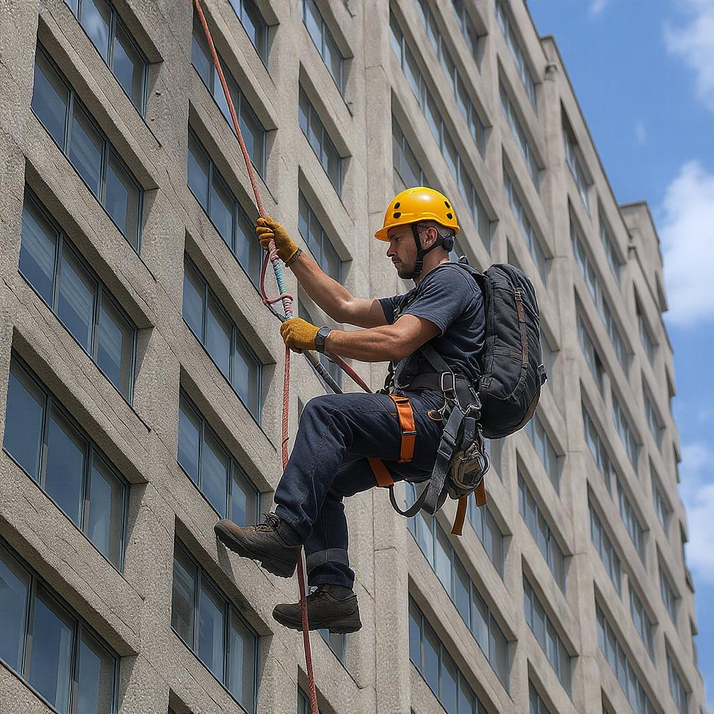 Cordiste suspendu à une façade d’immeuble, harnais de sécurité en place, effectuant une mission de maintenance