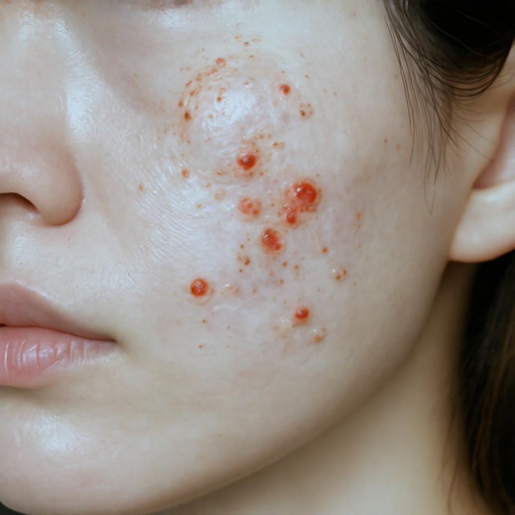 Zoom sur une joue féminine montrant des zones de sécheresse et petits boutons rouges inflammés sur la surface cutanée