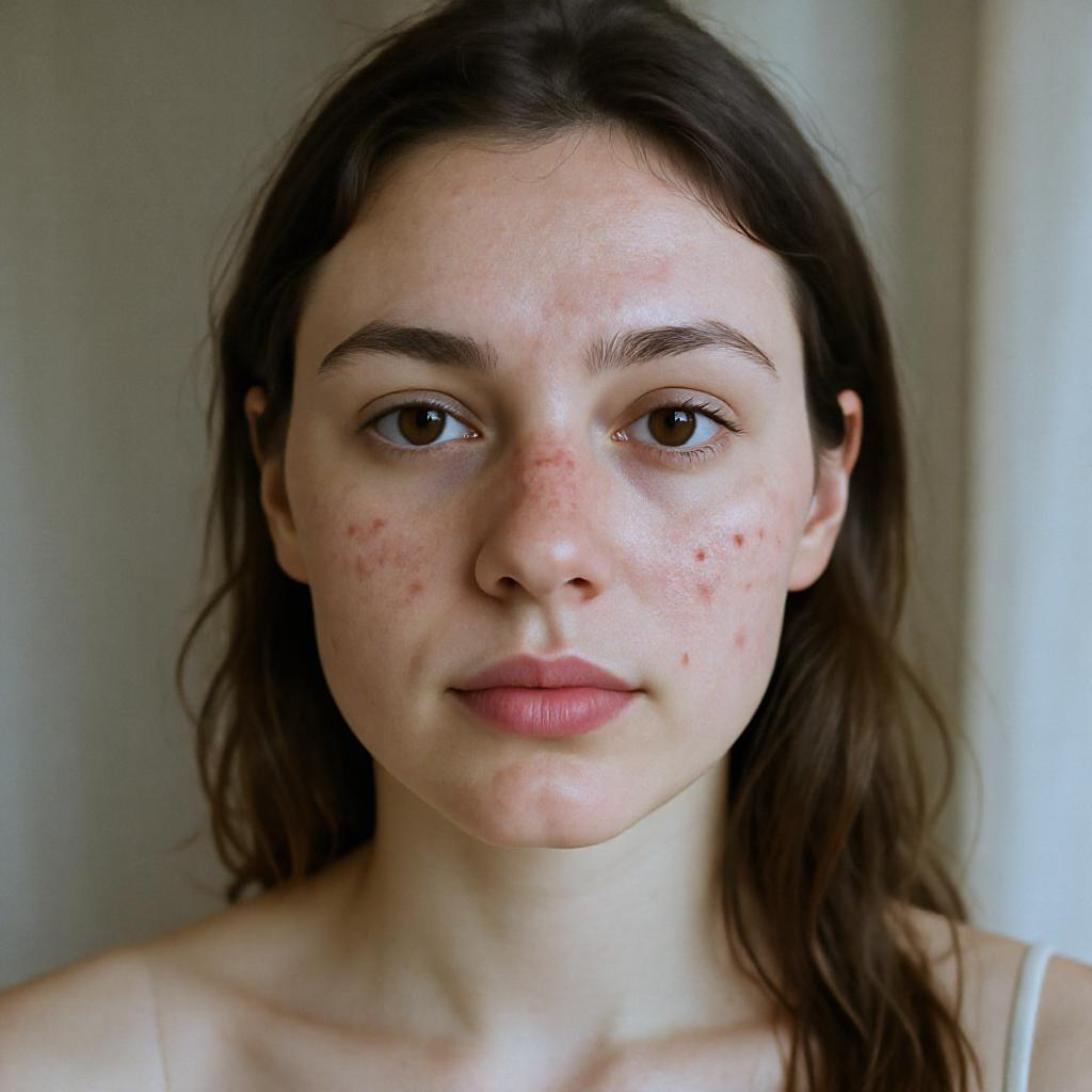 Visage féminin avec peau très sèche et boutons imperfections acné visibles sur les joues, lumière naturelle et regard confiant