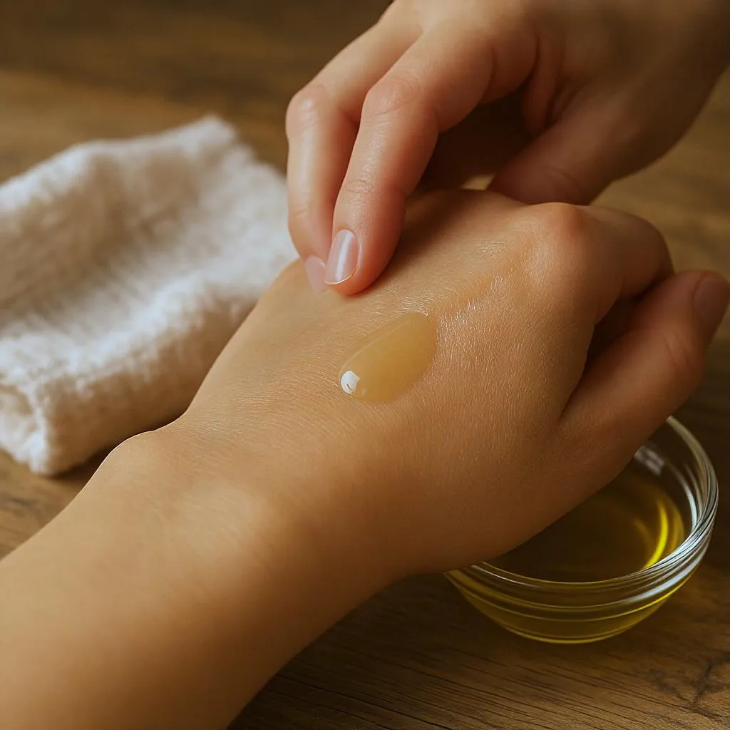 application d’huile d’olive tiède sur peau très sèche avec serviette chaude