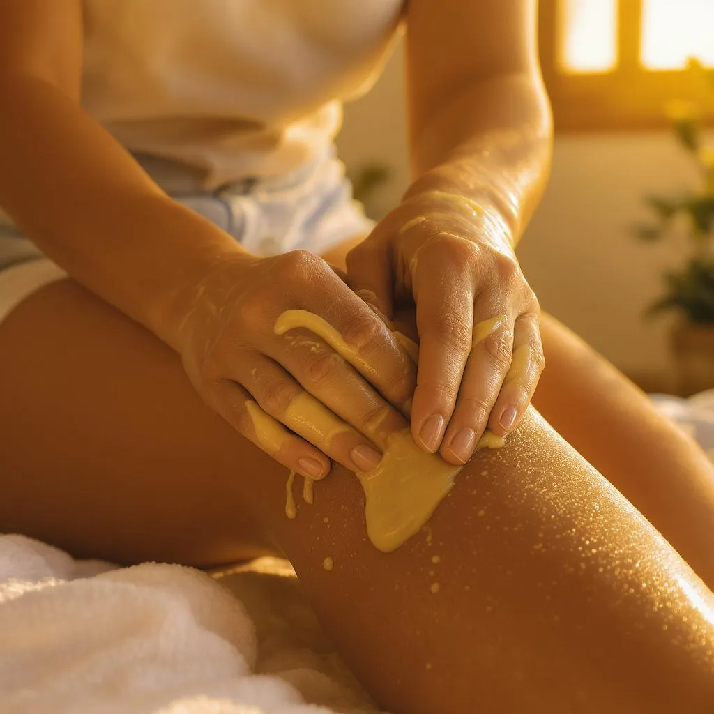 massage de beurre de karité sur les jambes pour nourrir la peau sèche