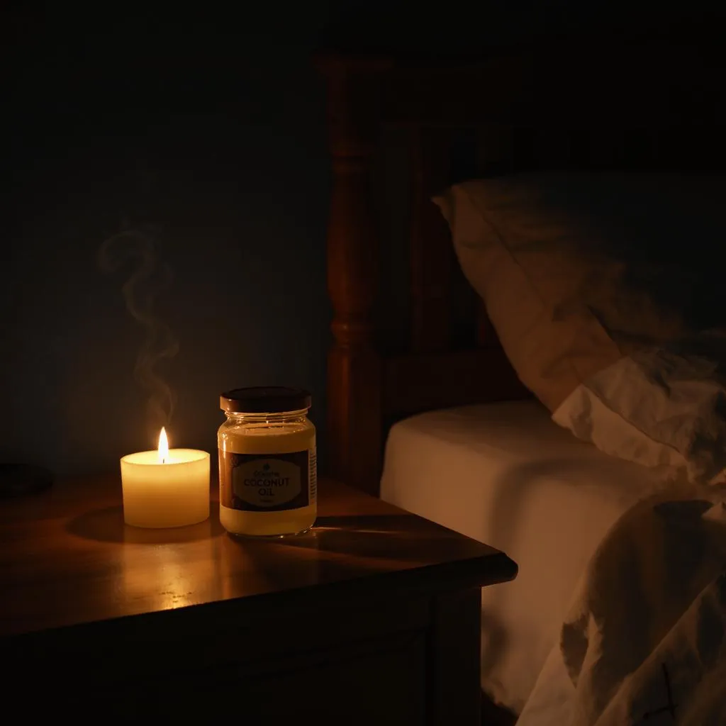 huile de coco sur table de nuit pour soin réparateur peau très sèche