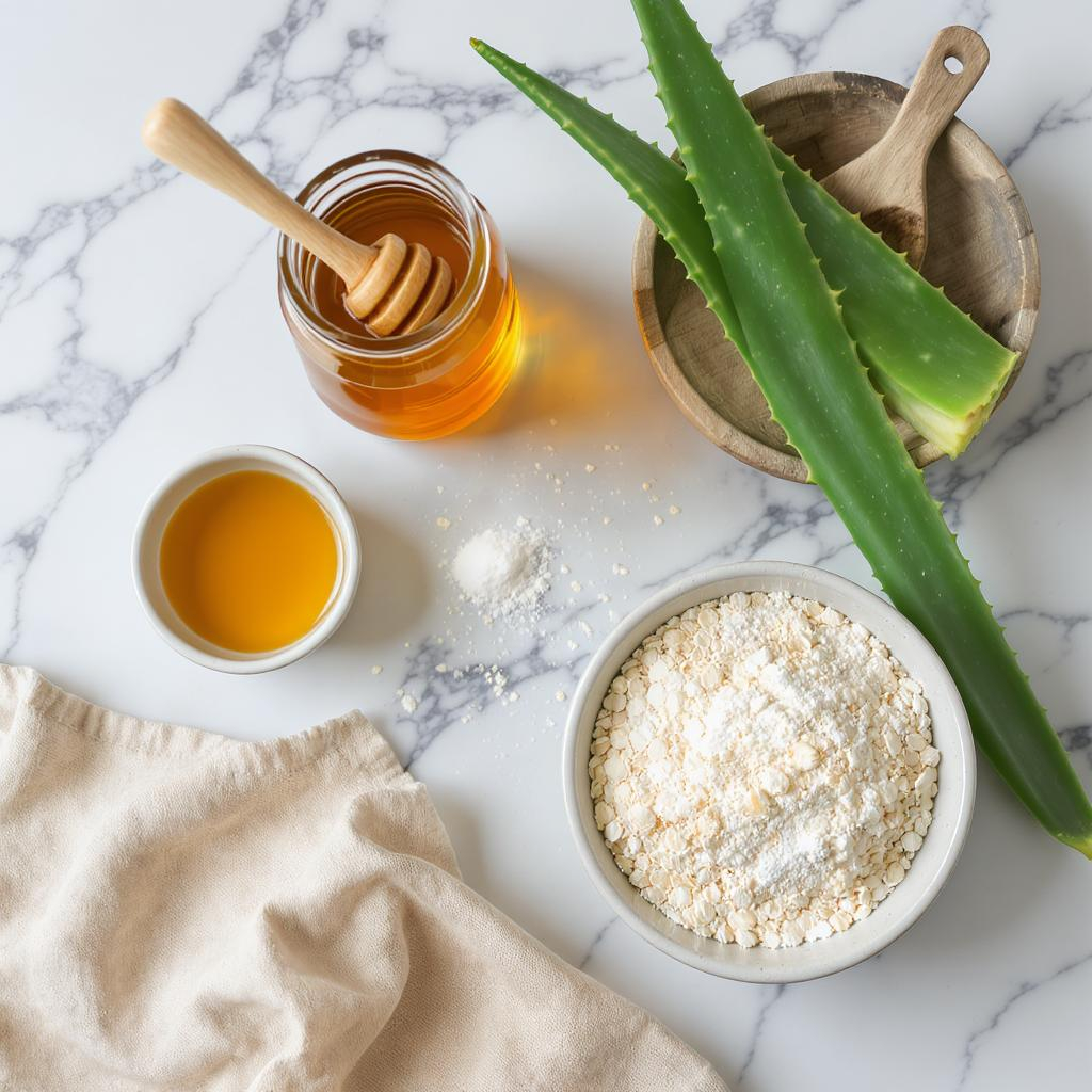 Ingrédients naturels pour masque visage : miel brut, gel d’aloe vera et avoine sur fond marbré