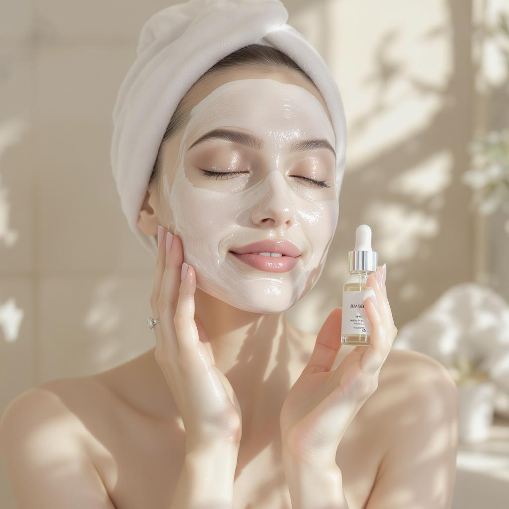 Femme appliquant un sérum après un nettoyage doux du visage dans une salle de bain lumineuse et épurée