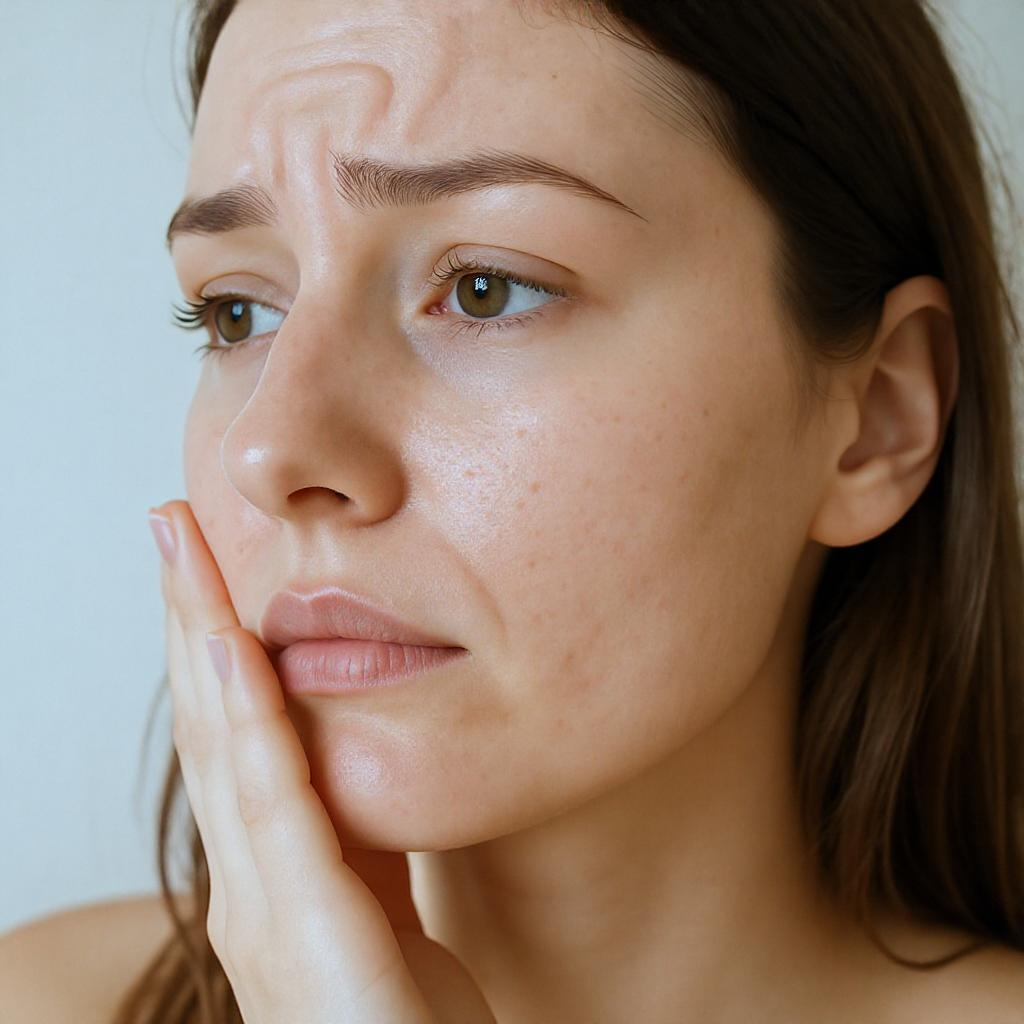 Jeune femme au teint naturel montrant une peau du visage granuleuse avec pores visibles et texture irrégulière en lumière douce