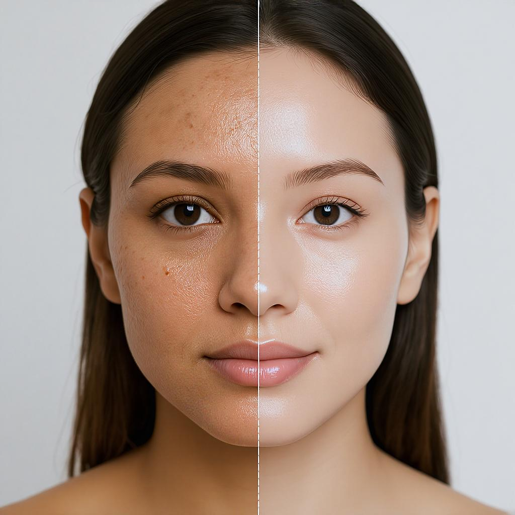 Comparatif avant/après peau du visage granuleuse : texture rugueuse à gauche, peau lisse et lumineuse à droite