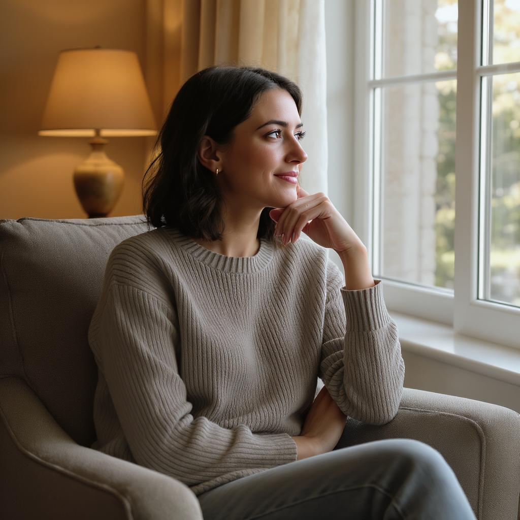 Femme pensive assise près d'une fenêtre dans un salon calme, illustrant un moment de détente, de réflexion sur sa santé mentale