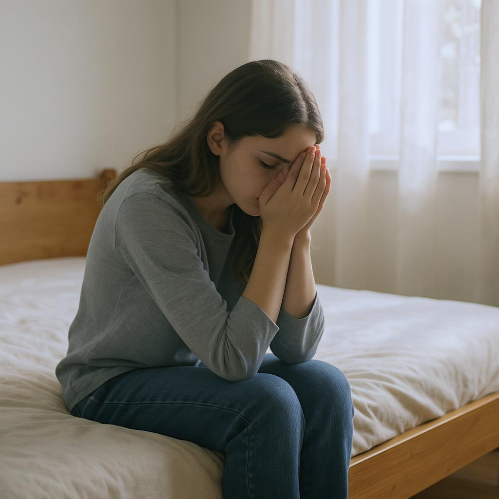 Femme seule assise sur un lit, en pleine réflexion silencieuse, illustrant le doute intérieur face à une détresse émotionnelle