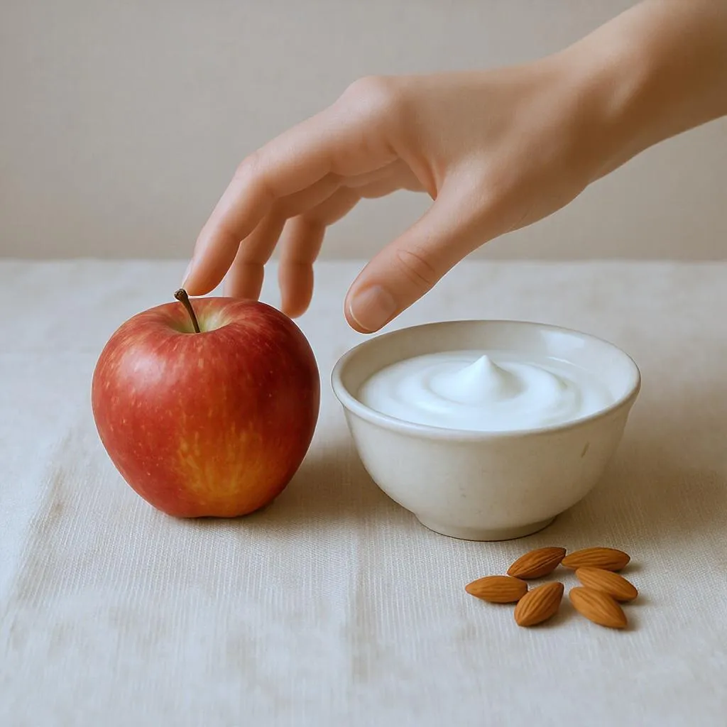 Collation coupe-faim composée d’un yaourt nature, d’une pomme et d’amandes