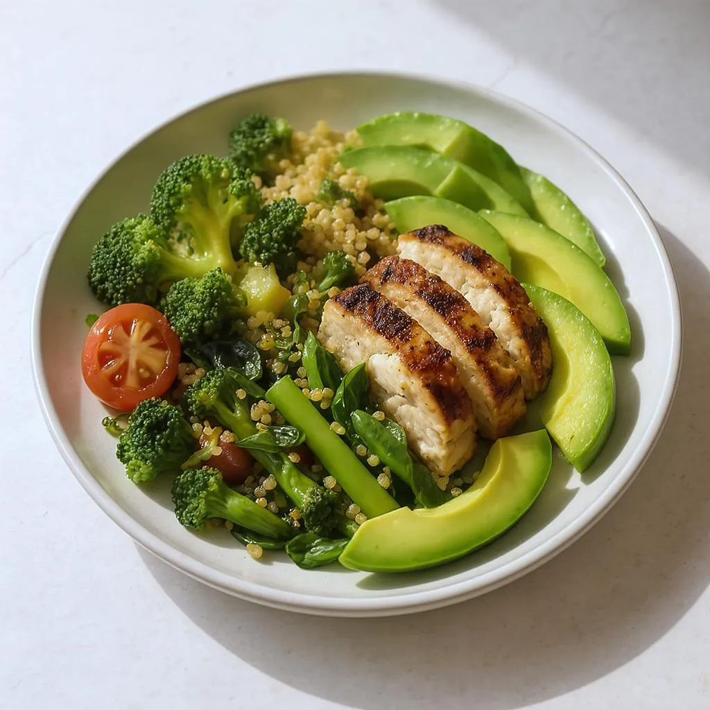 Assiette saine et équilibrée avec légumes, quinoa et protéines