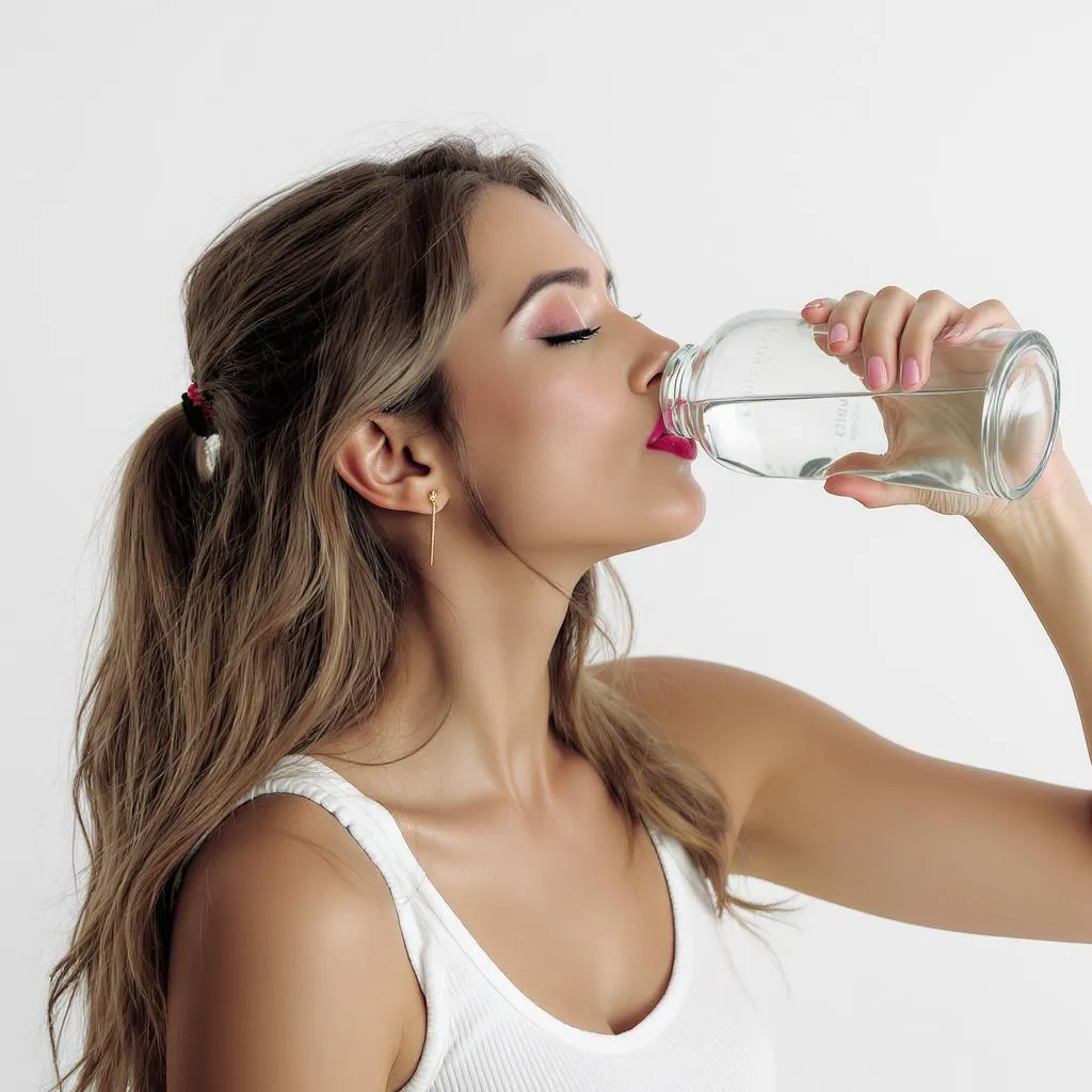 Femme buvant un grand verre d’eau pour calmer sa sensation de faim