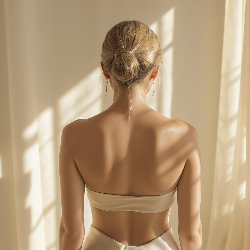 Femme élégante vue de dos, posture droite et apaisée, lumière naturelle douce sur la courbe des épaules