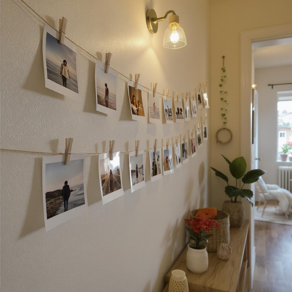 Mur de couloir chaleureux décoré d’une timeline photo mensuelle avec tirages suspendus et ambiance boho naturelle