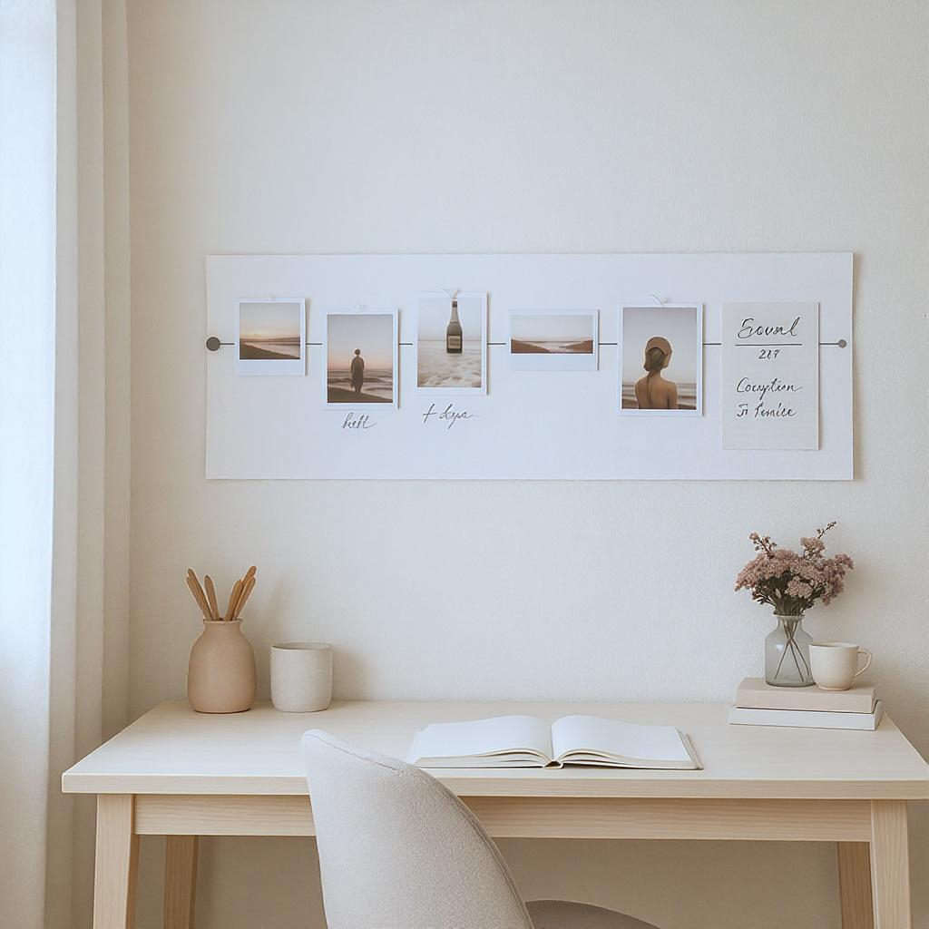 Coin bureau minimaliste avec une frise photo décorative et des pensées manuscrites ajoutées