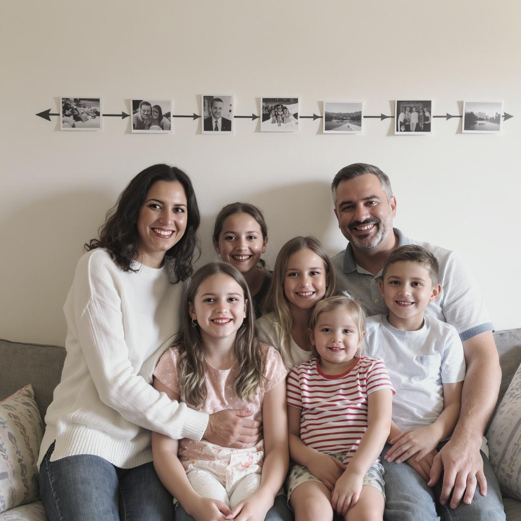 Famille réunie devant un mur de photos mensuelles, partageant des souvenirs et sourires complices