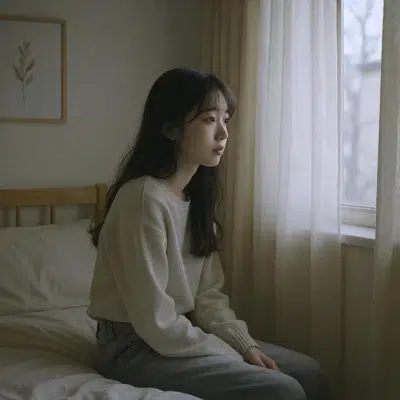 Femme pensive seule près d’une fenêtre, regard vers l’extérieur, illustrant la sensation de vide amoureux intérieur