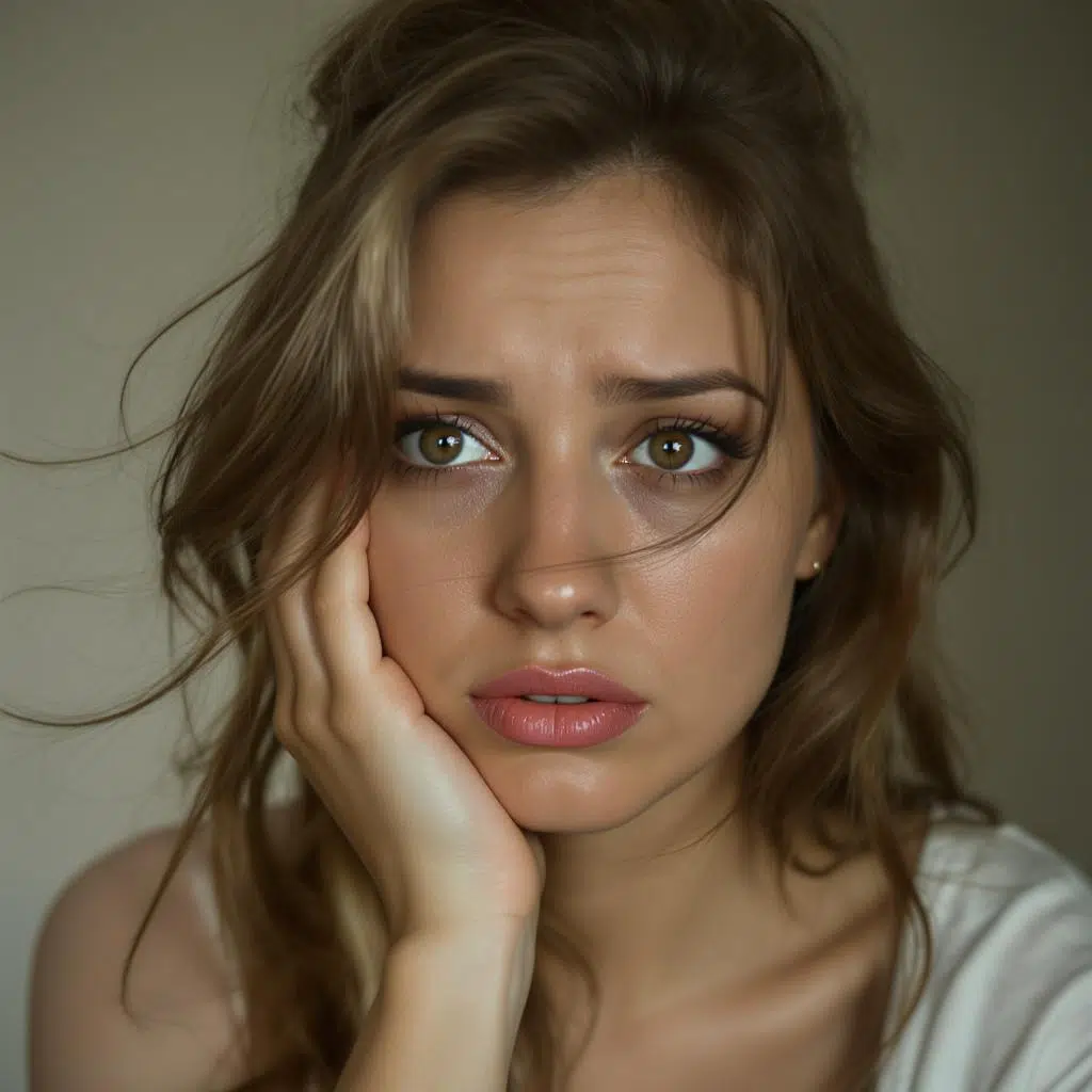 Jeune femme au regard mélancolique, main posée sur la joue, exprimant une sensation de vide affectif intérieur
