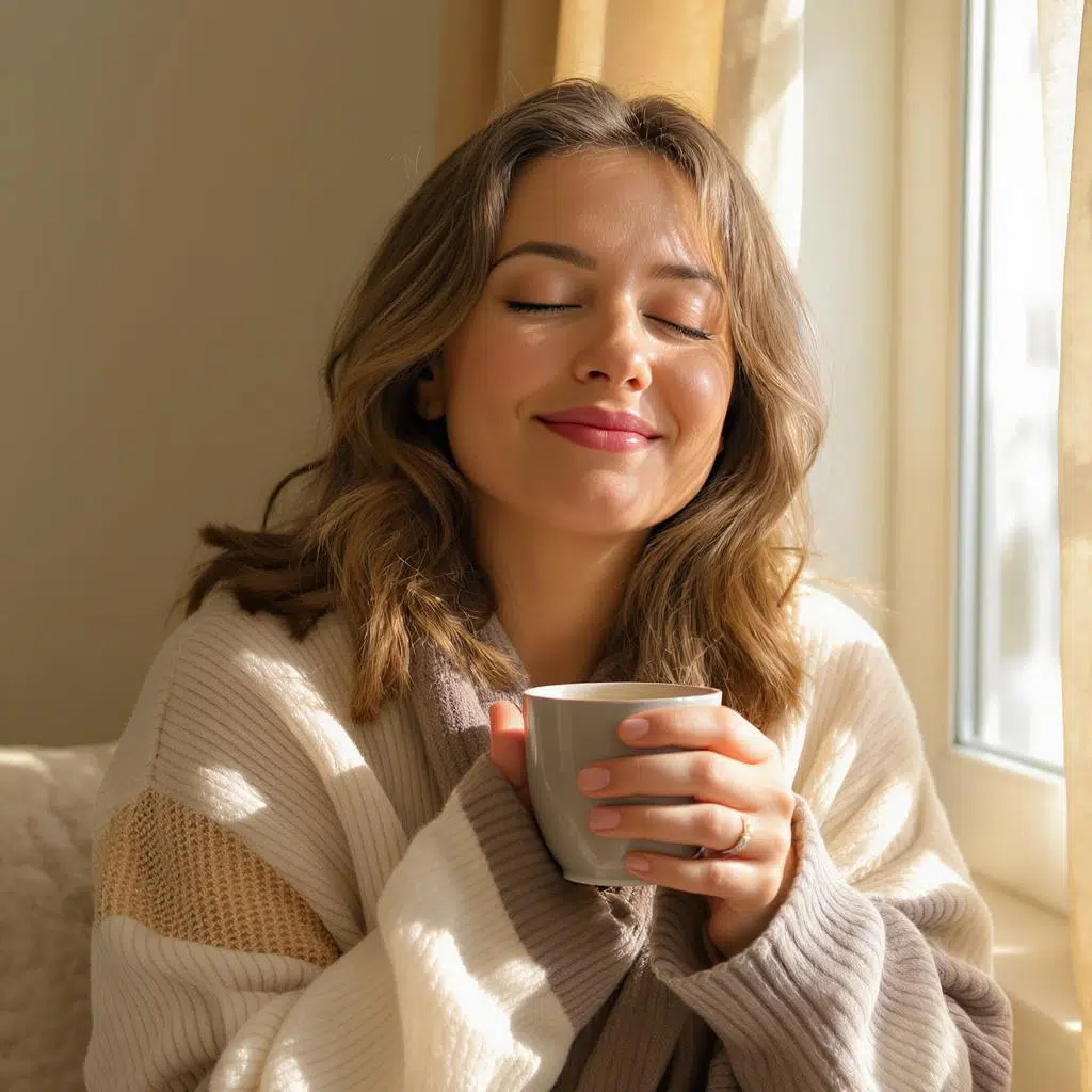Femme souriante, les yeux fermés, tenant une tasse de thé près de son cœur, paisible