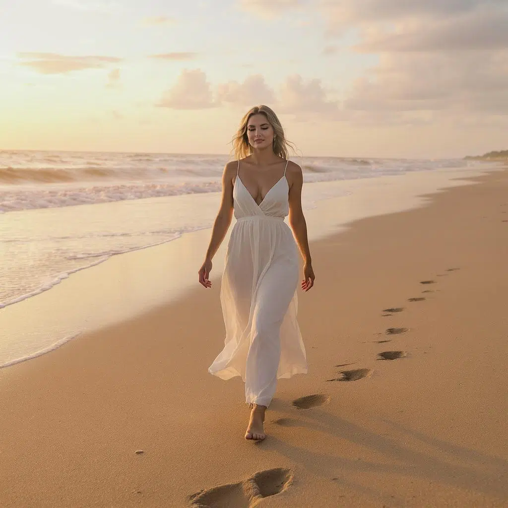 Femme marchant seule sur la plage au coucher du soleil, calme et confiante